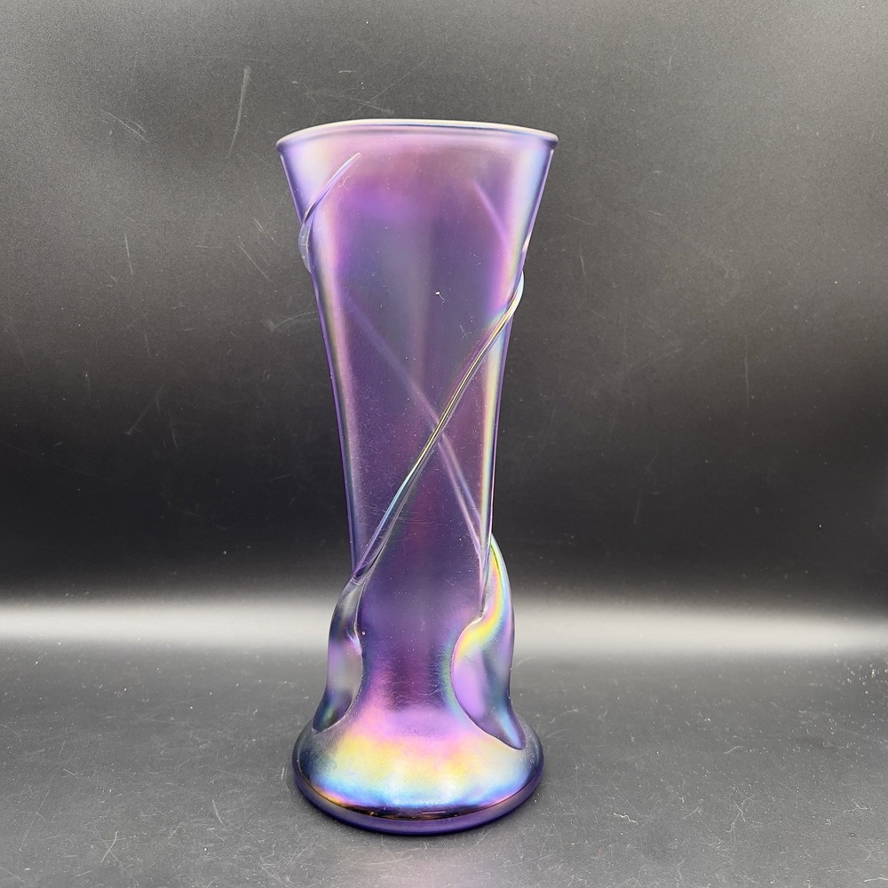 Zellique Studio Joseph‎ Morel Hand Blown Iridescent Purple Art Glass Vase 9"
